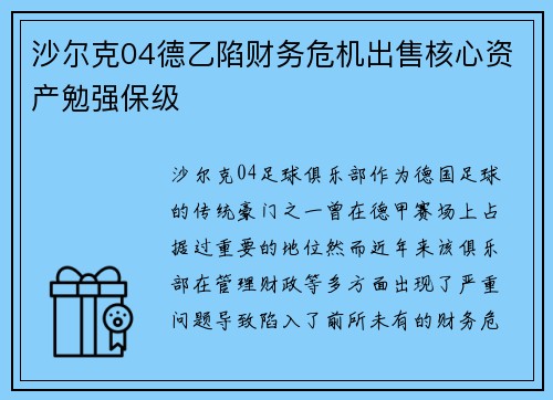 沙尔克04德乙陷财务危机出售核心资产勉强保级